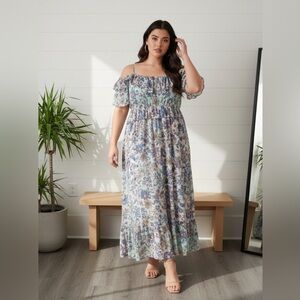 Aveology Shiloh Blue Floral Boho Ruffle Cold Shoulder Maxi Dress Women’s Size XL